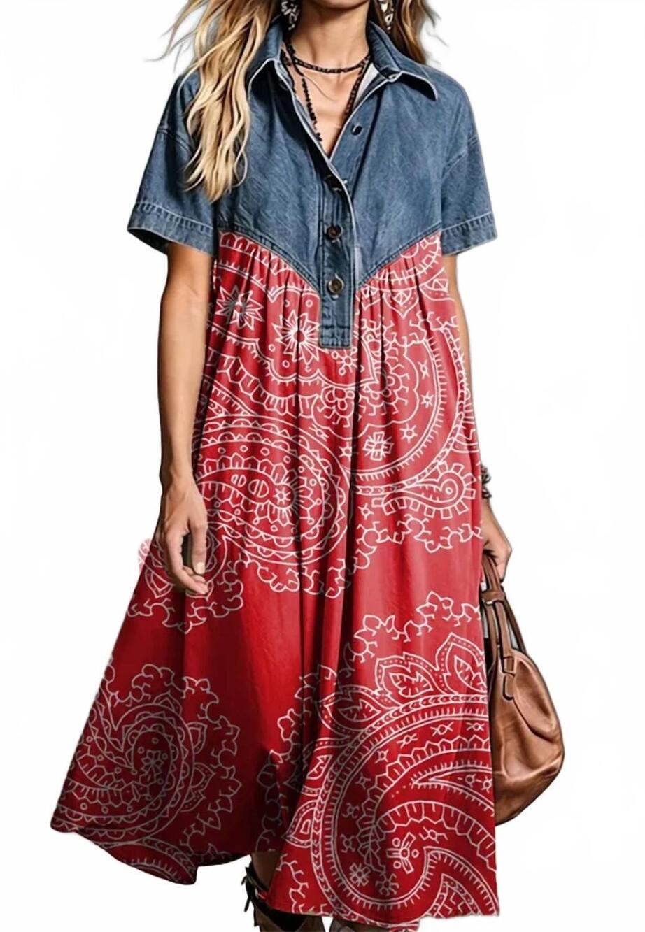 NEW VOVALIN bohemian patchwork paisley print cotton dress in denim